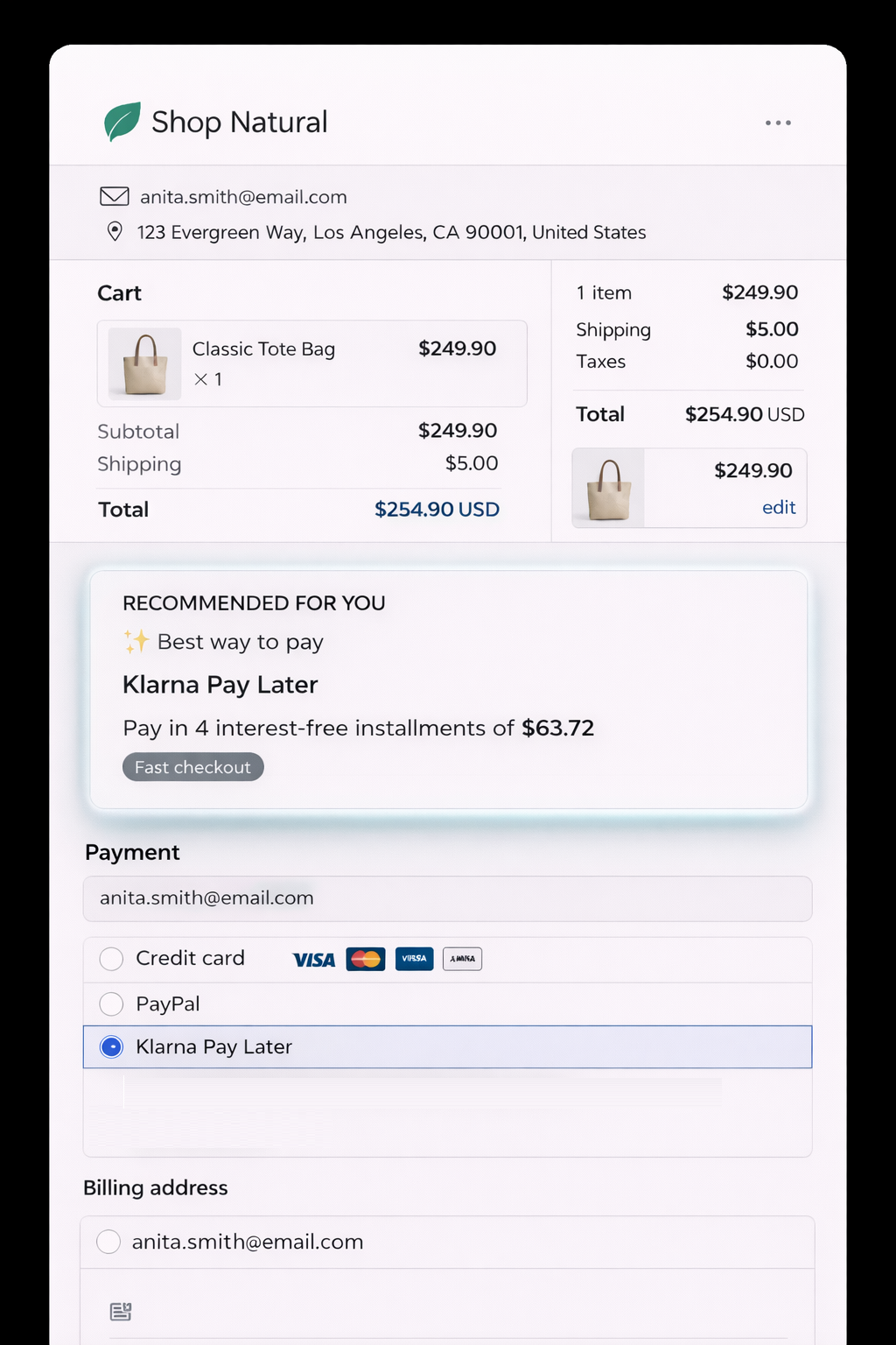Shopify checkout showing Pillar8 recommending Klarna Pay Later for a higher basket with flexible installment payments.